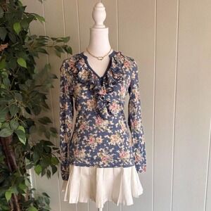 Ralph Lauren Ruffled Neck Floral Top Long Sleeve Womens Size Xs